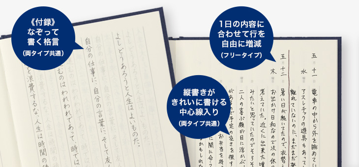 《付録》なぞって書く格言（両タイプ共通）。1日の内容に合わせて行を自由に増減（フリータイプ）。縦書きがきれいに書ける中心線入り（両タイプ共通）